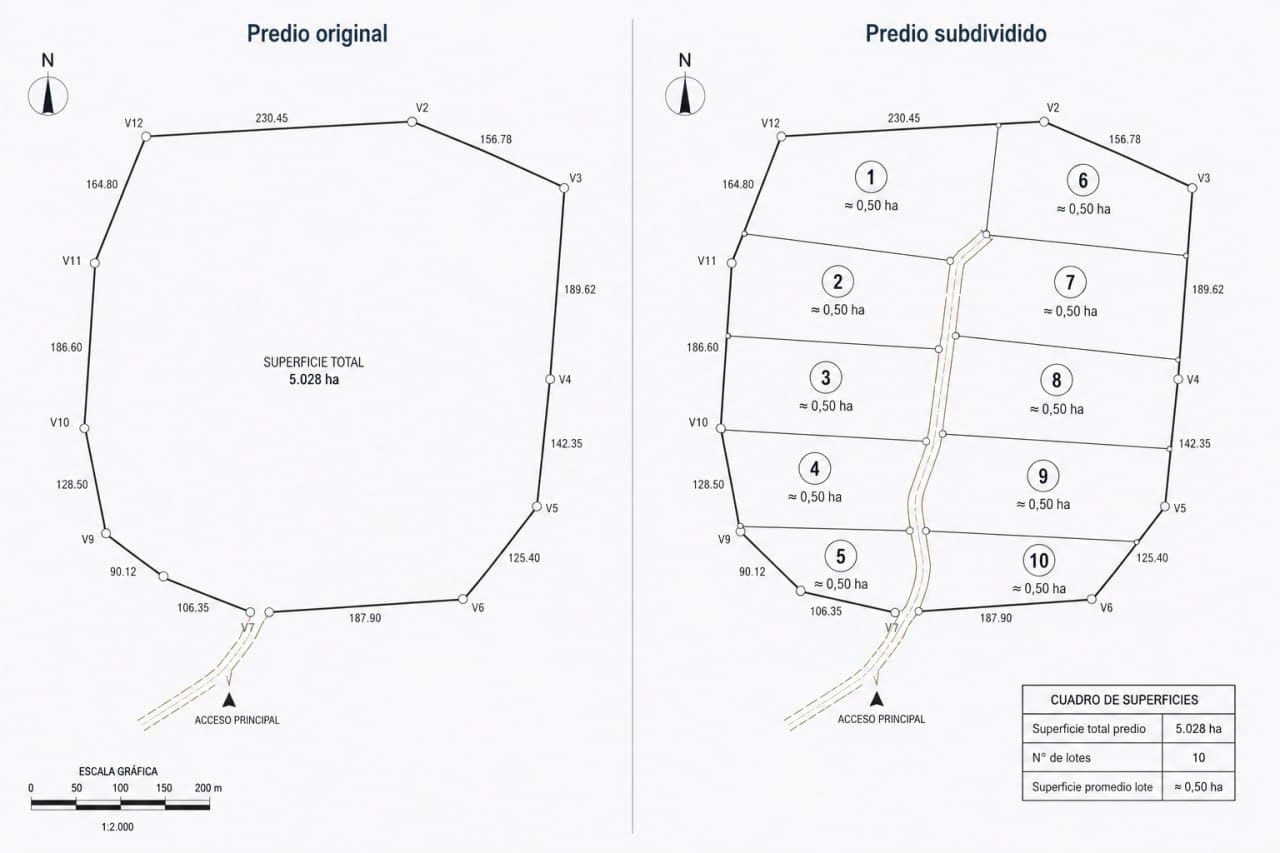 Diagrama comparativo de un predio original de 5,028 hectáreas y el mismo predio subdividido en 10 lotes de aproximadamente 0,5 hectáreas cada uno