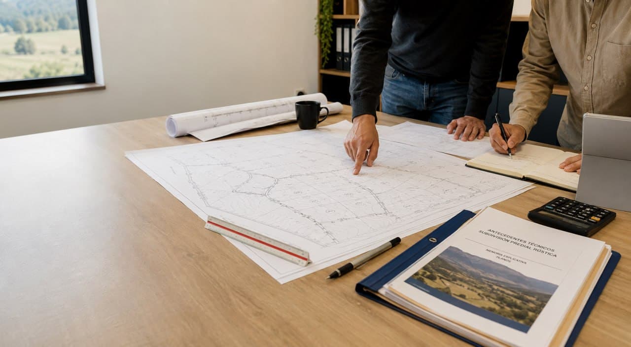 Equipo técnico revisando un plano de subdivisión sobre una mesa de trabajo, junto a la carpeta de antecedentes técnicos