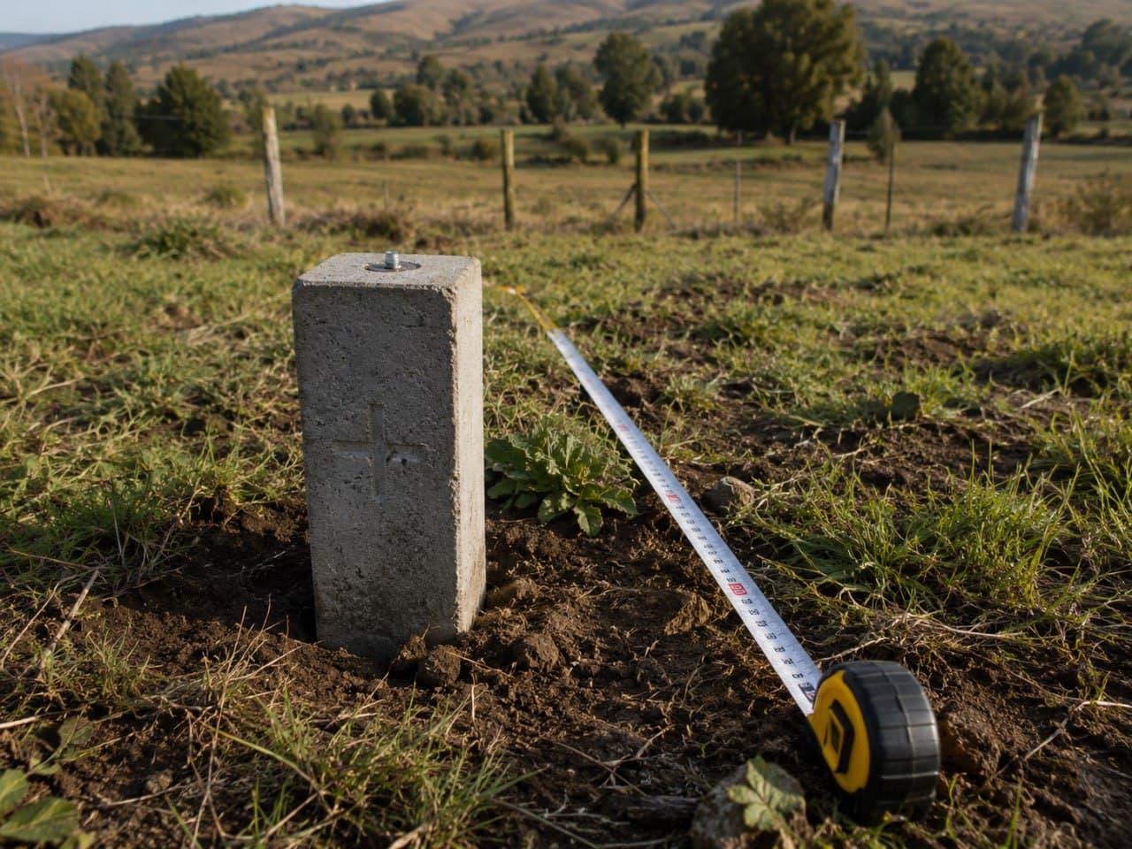 Hito de hormigón de deslinde instalado en terreno rural, junto a una huincha de medición topográfica