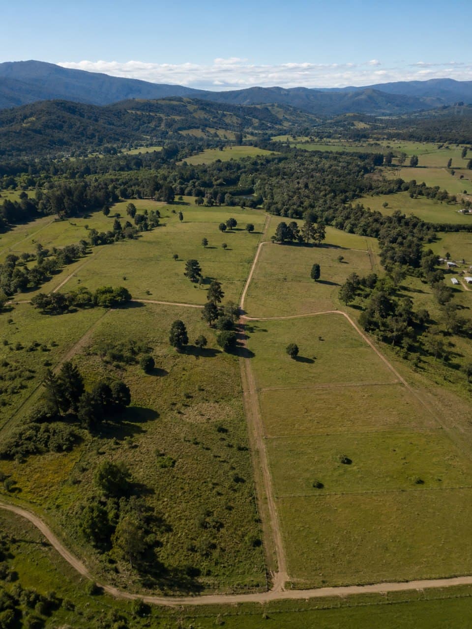 Vista aérea de un predio rural subdividido en lotes con caminos interiores, en un valle precordillerano